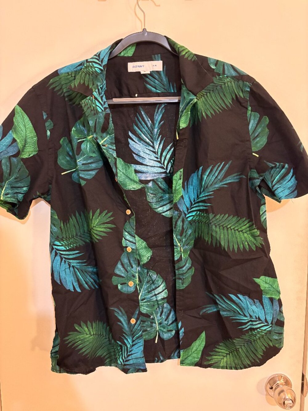 Old Navy Tropical Leaf Print Camp Shirt Size L Black Rayon Blend